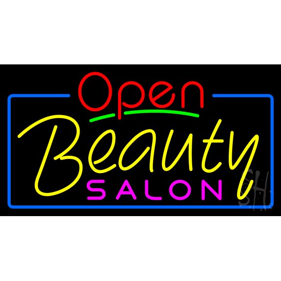 Red Open Beauty Salon with Blue Border LED Neon Sign 13 x 24 - inches, Black Square Cut Acrylic Backing, with Dimmer - Bright and Premium built indoor LED Neon Sign for Defence Force.