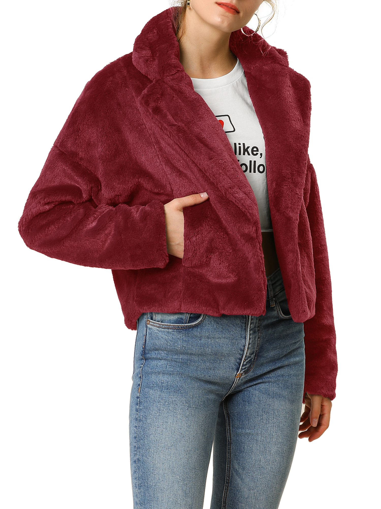 Unique Bargains Women's Cropped Jacket Notch Lapel Faux Fur Fluffy Coat L Burgundy - image 4 of 7