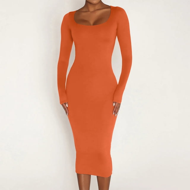 Aqestyerly Robe d'Hiver pour Femme, Couleur Unie à Col Rond, Manches Longues, Coupe Ajustée, Épaissie, Longueur Genou, Robe pour Porter au Chaud HWRETIE
