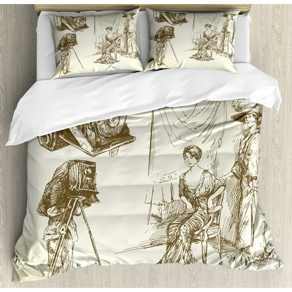 Vintage Woman King Size Duvet Cover Set, Two Women Posing in Front of a Nostalgic Camera for Taking Photographs, Decorative 3 Piece Bedding Set with 2 Pillow Shams, Beige and Sepia, by Ambesonne