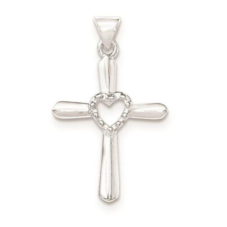 925 Sterling Silver Polished and Textured Cross w/ Heart Charm Pendant
