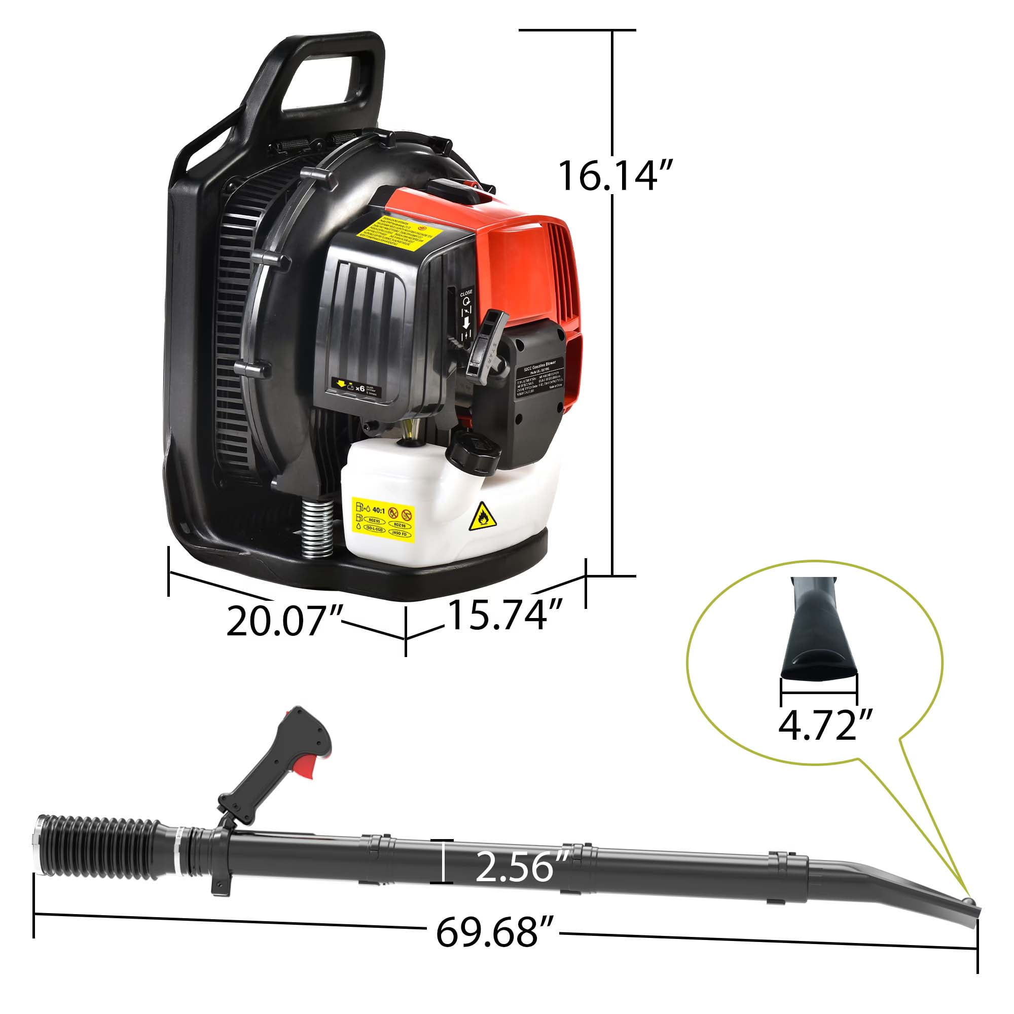 BTMWAY 248 MPH at 530 CFM 52cc Gas Powered Backpack Leaf Blower, Red