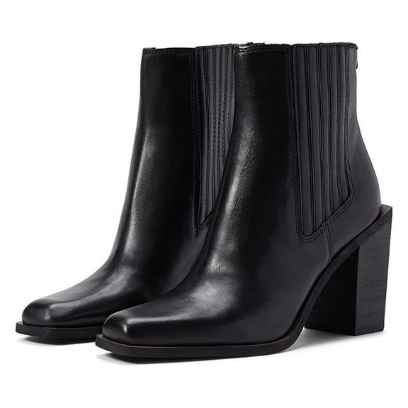 Sam Edelman Emalia Black Block Heel Leather Square Toe Retro Bootie Ankle Boots (Black, 10.5)