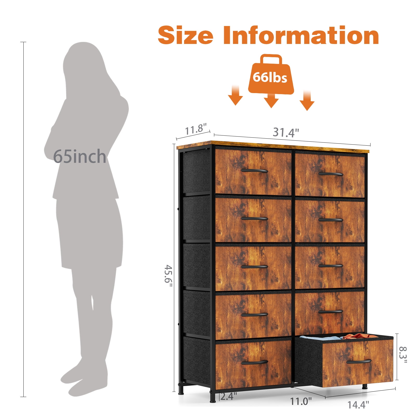 CONCETTA 10-Drawer Fabric Dresser Storage Chest for Bedroom, Closet, Entryway, Storage Furniture for Adults, Rust