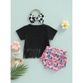 thumbnail image 4 of Baby Girl 3Pcs Summer Outfits, Short Sleeve Tassel T-Shirt + Printed Shorts + Headband Set, 4 of 8