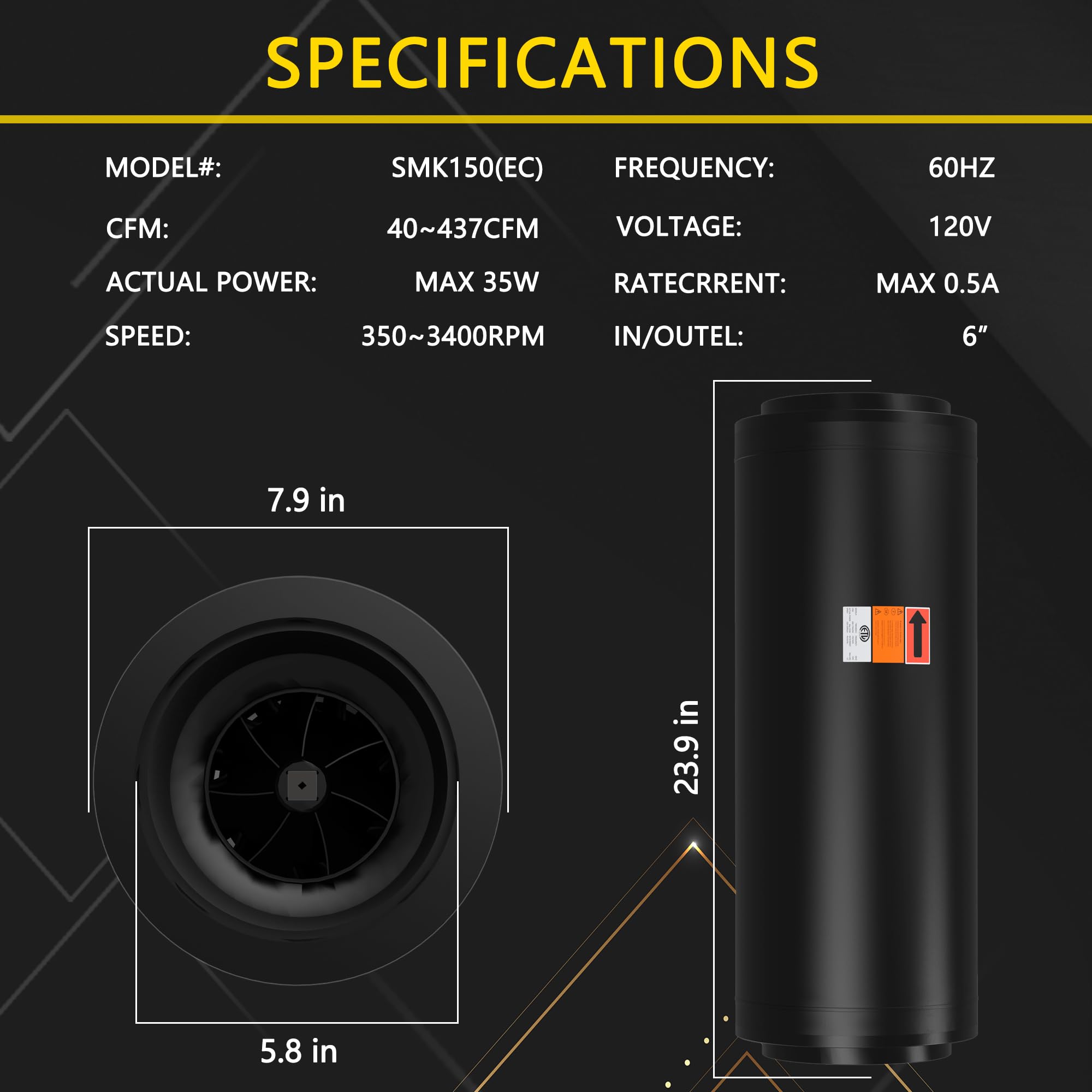 HAN'KITCHEN'LON'S 6 Inch Inline Duct Fan With Silencer And Speed Controller For Ventilation, Ideal For Grow Tents And Hydroponics ETL Certified