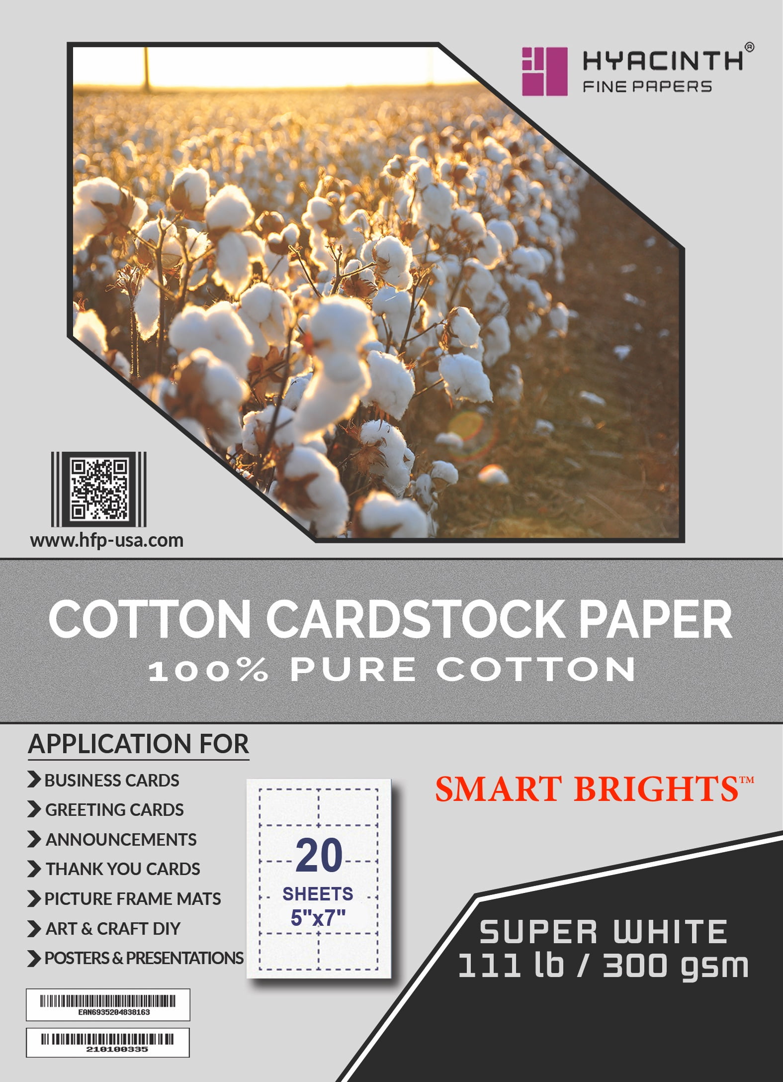 COTTON CARDSTOCK PAPER 100 COTTON PAPER 5"X7" 111 LB / 300 GSM 20