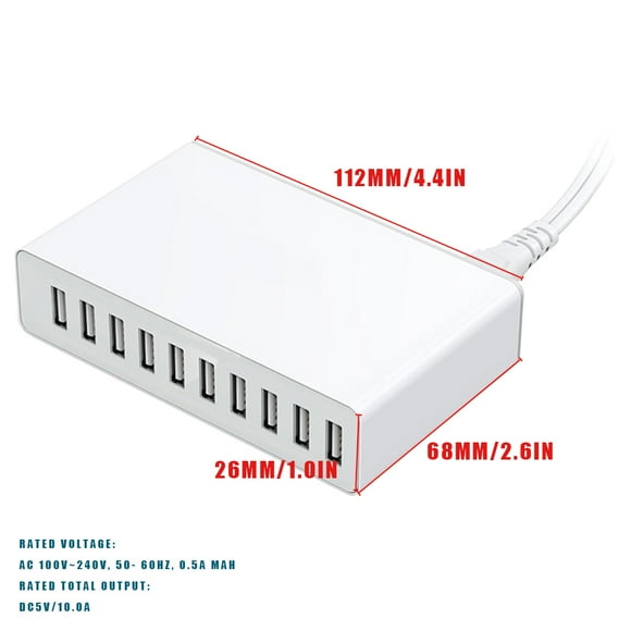 10-port USB Charger Mobile Phone Tablet MP3 MP4 USB Power Adapter Desktop Charging Station, White, US Plug Workhe