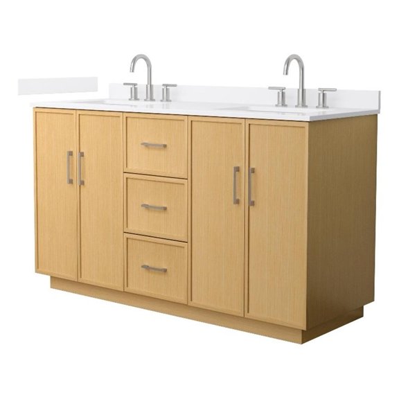 Elan TK 60" Light Oak Double Vanity White Quartz Top (3-Hole) & Nickel Trim