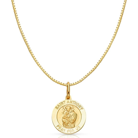 Ioka-14K Yellow Gold St. Anthony Pray For Us Religious Charm Pendant with 0.8mm Box Chain Necklace - 16"