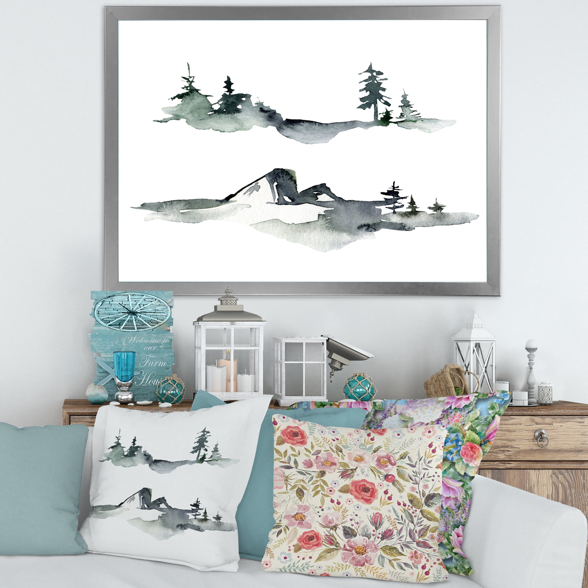 Designart 'Trees With Winter Dark Blue Mountain Landscape I' Modern Framed Art Print
