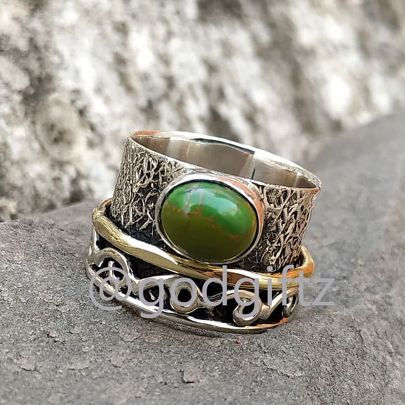 Oxidized Texture Ring - Silver Swirl Detail Ring - Two Tone Ring - Mohave Green Turquoise Spinner Ring - Wide Band Spinner Ring - Silver