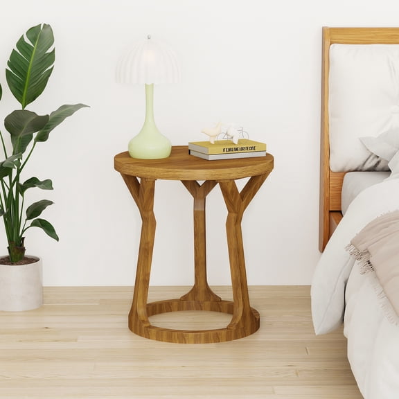 Kinbor Accent Farmhouse Round End Table Side Tables Nightstand Natural Top and Legs, Brown