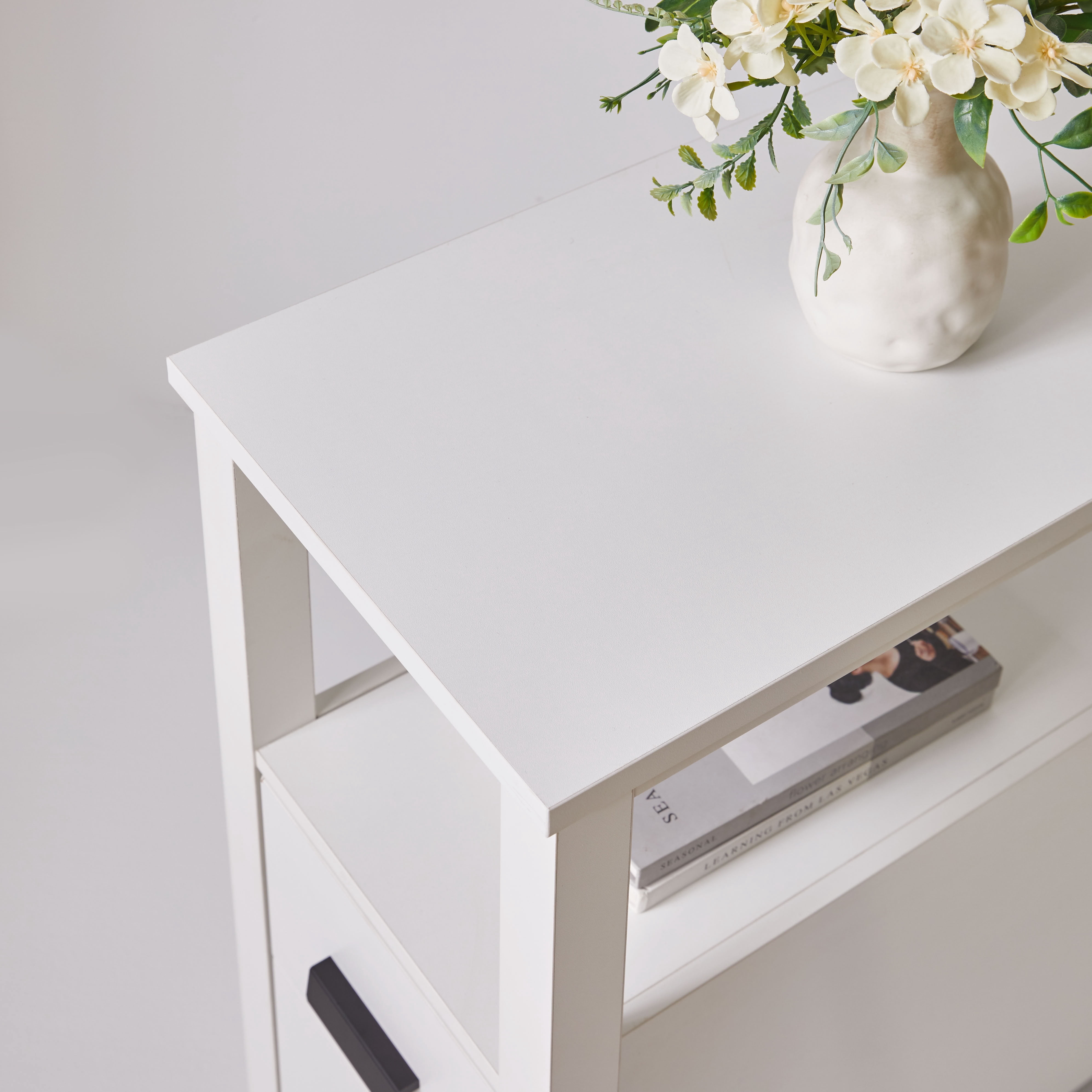 MAYEERTY Narrow End Table with Charging Station, Modern Side Table with 2 Drawers and Open Shelf, USB Ports, for Living Room Bedroom Small Spaces
