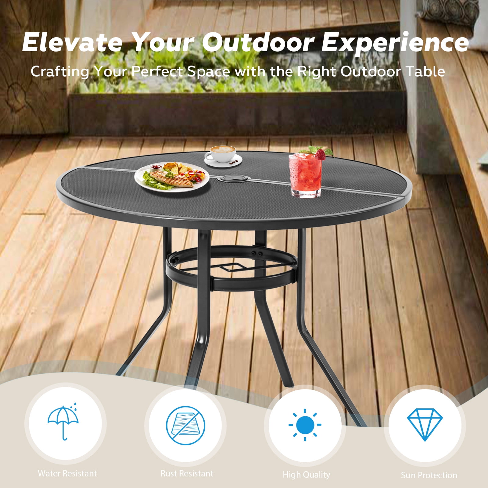 AECOJOY 37" Round Outdoor Dining Table, Metal Patio Table with Umbrella Hole-Black