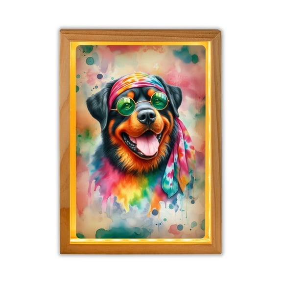 Hippie Rottweiler Portrait Watercolor Tie-Dye Vintage Styles Acrylic Plaque with Wood Photo Frame Box Rottie Dog Lover Gifts Idea Light Box - 00014