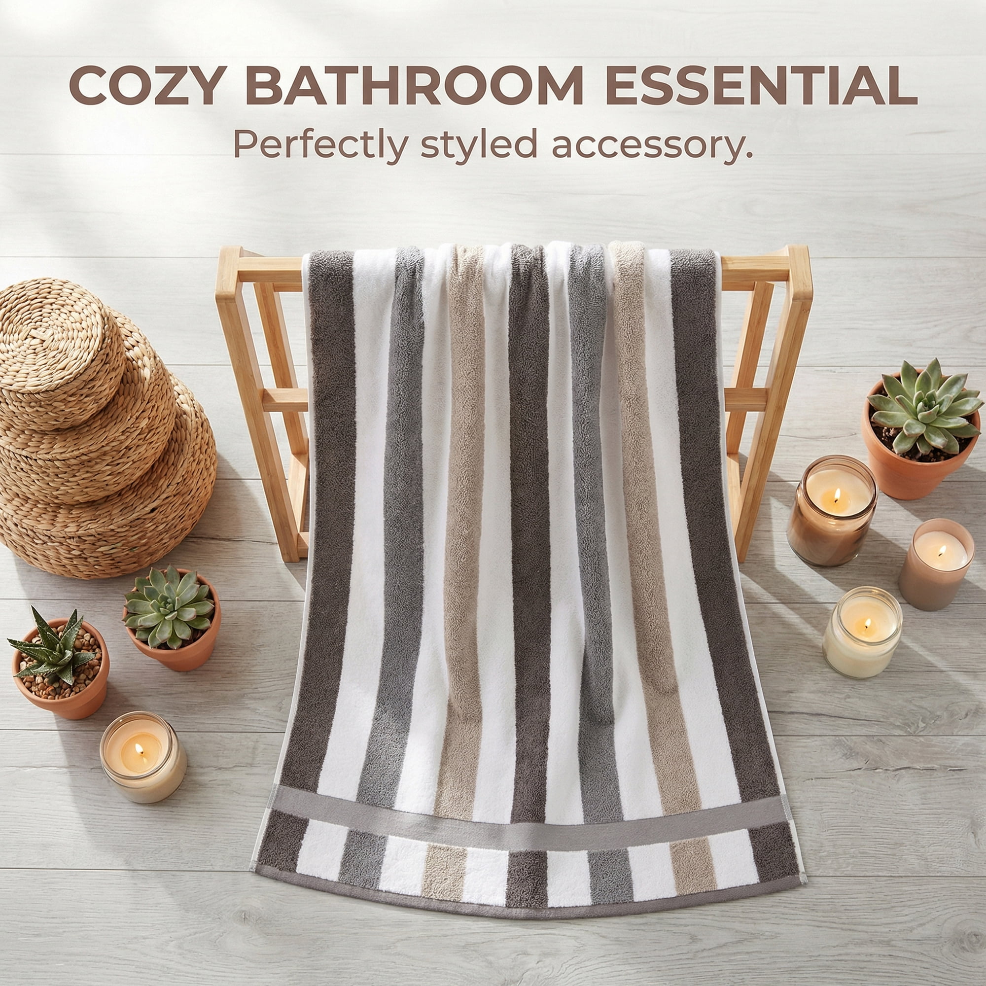 Unique Bargains Absorbent Stripe Soft Cotton Towel 2 Pack Grey 55"x28"