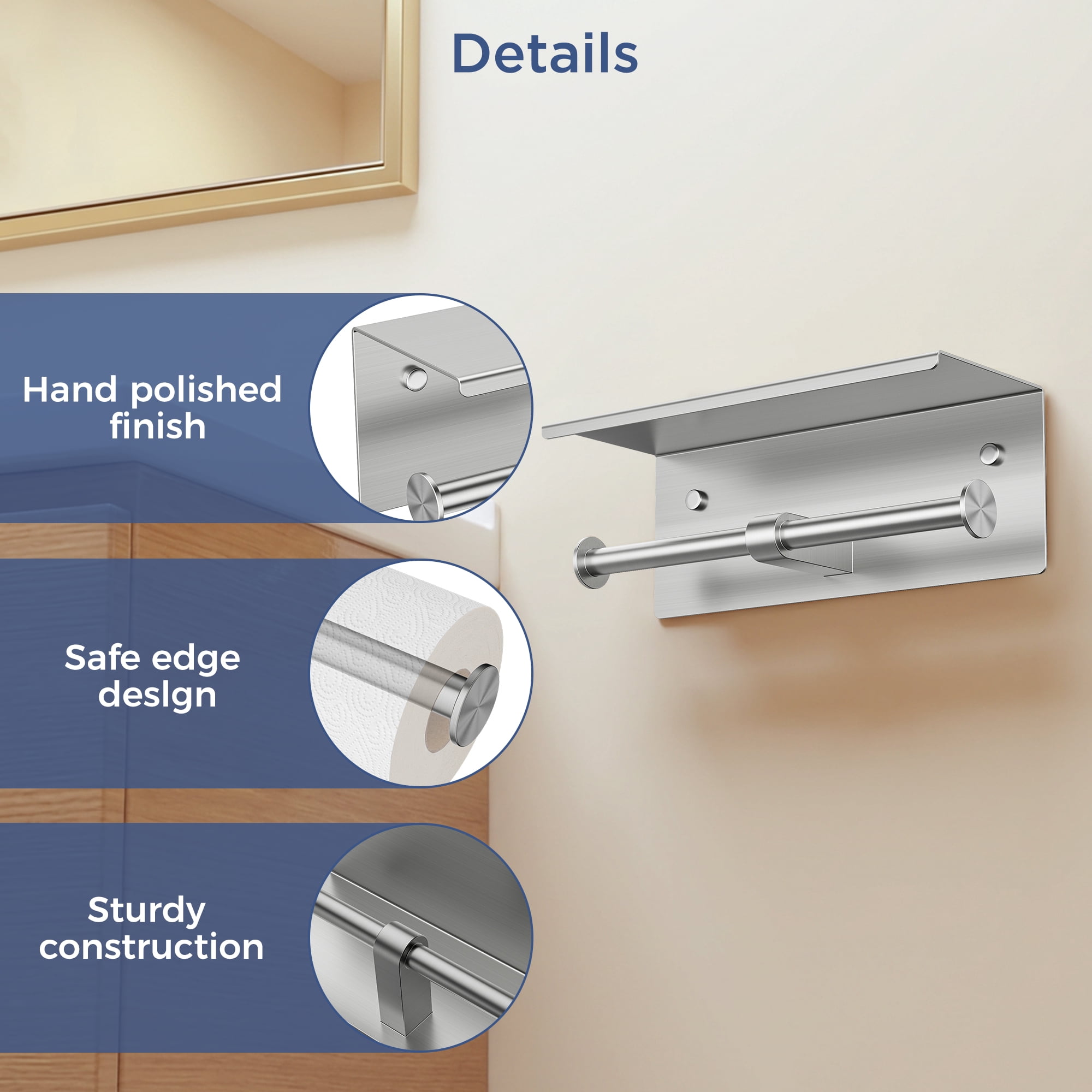 TVOFEK Double Toilet Paper Holder with Shelf, 304 Stainless Steel Wall Mounted Tissue Roll Holder for Bathroom, Rustproof Modern Brushed Nickel