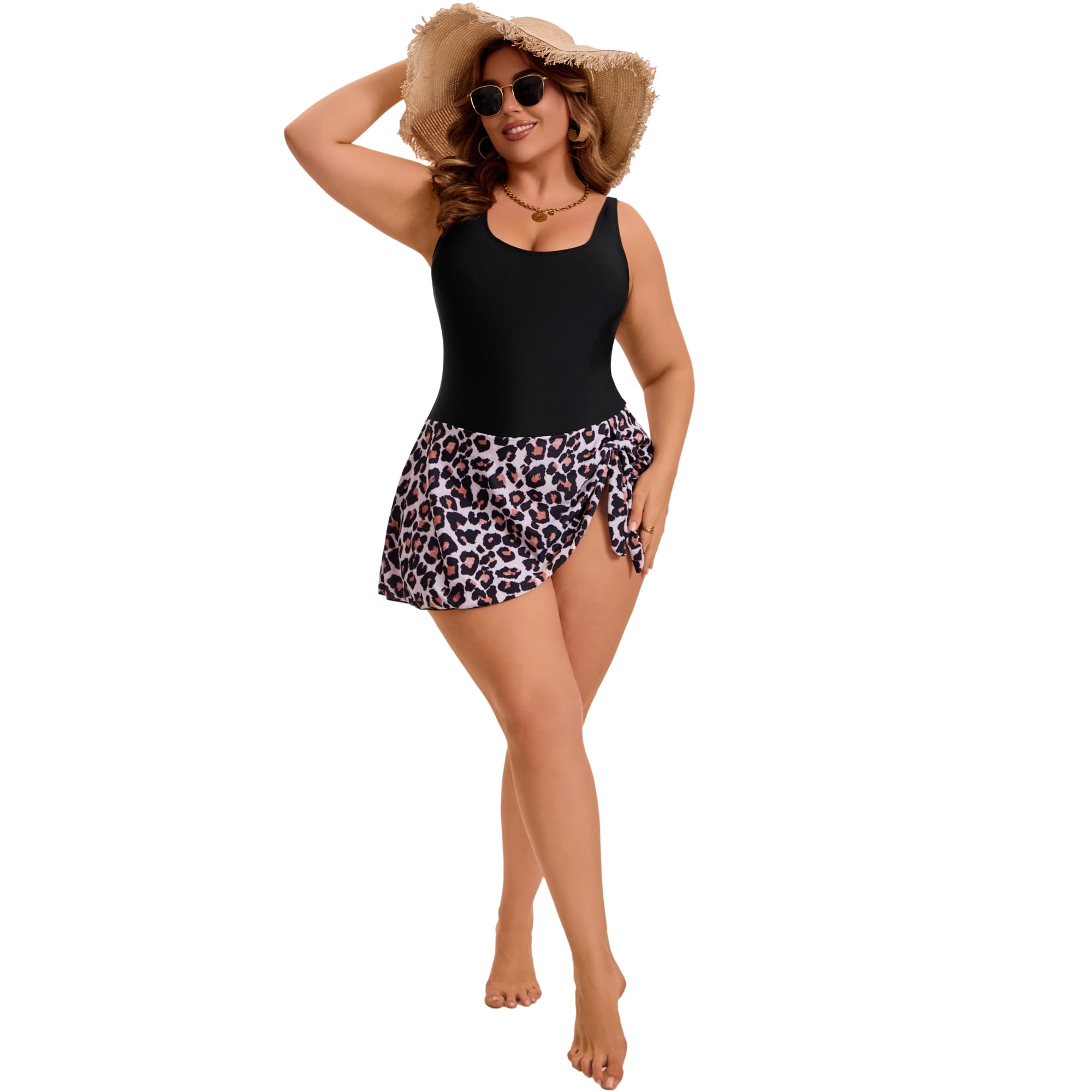 DARING DIVA Women's Plus Swimdress Floral Push Up Bathing Suit 3X Leopard Brown