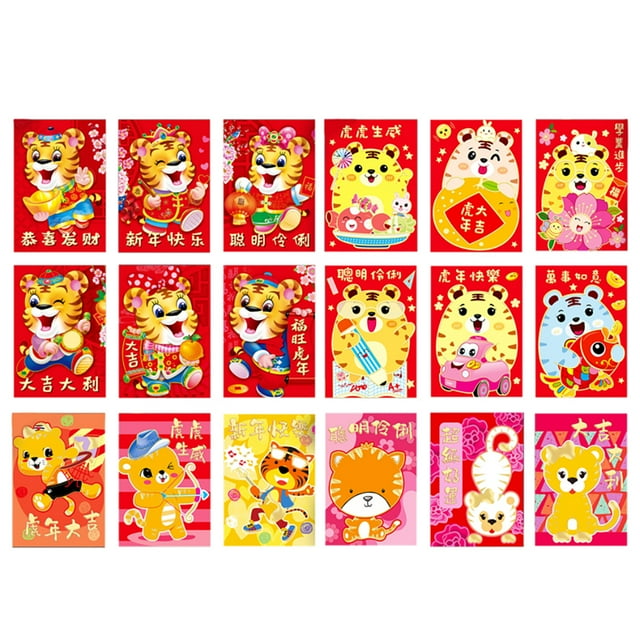 Coofit 2022 Enveloppe Rouge Chinoise de Poche Dessin Animé 18 Pcs Tigre Rouge Enveloppe Argent Porte-Bonheur