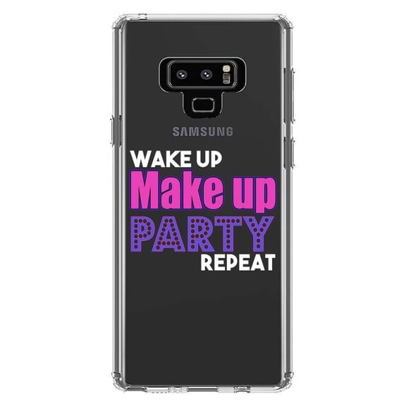 DistinctInk Clear Shockproof Hybrid Case for Samsung Galaxy Note 9 - TPU Bumper Acrylic Back Tempered Glass Screen Protector - Wake Up Make Up Party Repeat