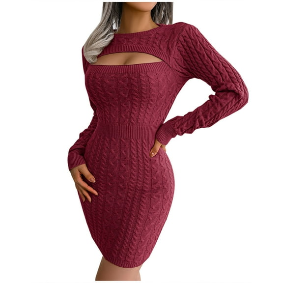 Solid Color Knit Short Dress for Women O-Neck Long Sleeve Pencil Dress Hollow Out Slim-Fit Sweater Mini Dress