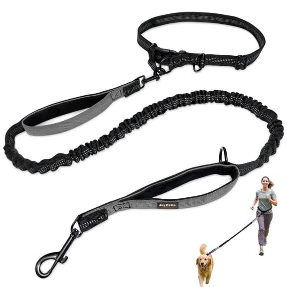 JoyPetto Hands-Free Waist Dog Leash, Bungee Reflective Dual Handle, 28"-47" Adjustable for Small Medium Dogs, Gray