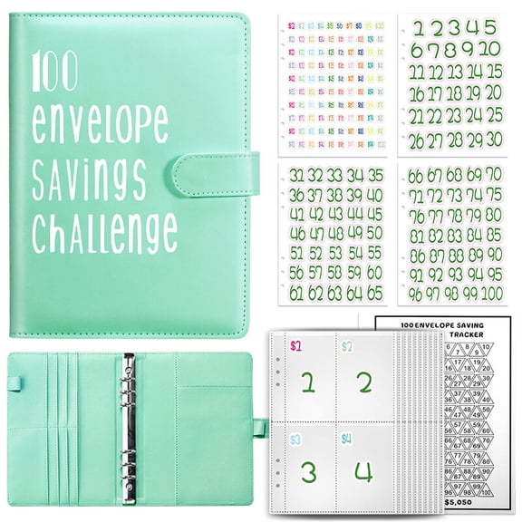 100 Envelope Challenge Binder Money Saving Binder, Easy and Fun Way to Save $5,050, Cash Stuffing Binder Budget Planner Savings Challenge Book (Green)
