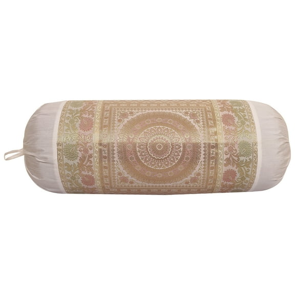 Stylo Culture Ethnic Polydupion Cylindrical Yoga Bolster Pillow Cover White Jacquard Brocade Border Mandala Large Sofa Round Cylinder Cushion Cover (1 Pc) | 30x15 Inches (76x38 cm)