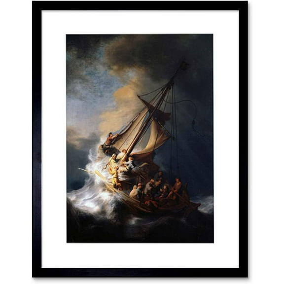 Old Master Painting Rembrandt Christ Storm On Sea Of Galilee 1633 Disciples Biblical Scene Framed Wall Art Print Picture 12X16 inch