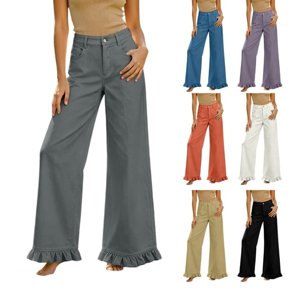 RongHuan Womens Wide Leg Pants Loose Fit Drawstring Elastic High Waisted Ruffle Hem Palazzo Pants with Pockets