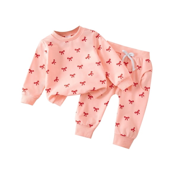 Unisex Kids 2 Piece Outfit Set - Pink Bow Print Soft Stretch Nylon Spandex Long Sleeve Top & Pants for Kidss Kidss 6M-4T,Size 12-18 Months