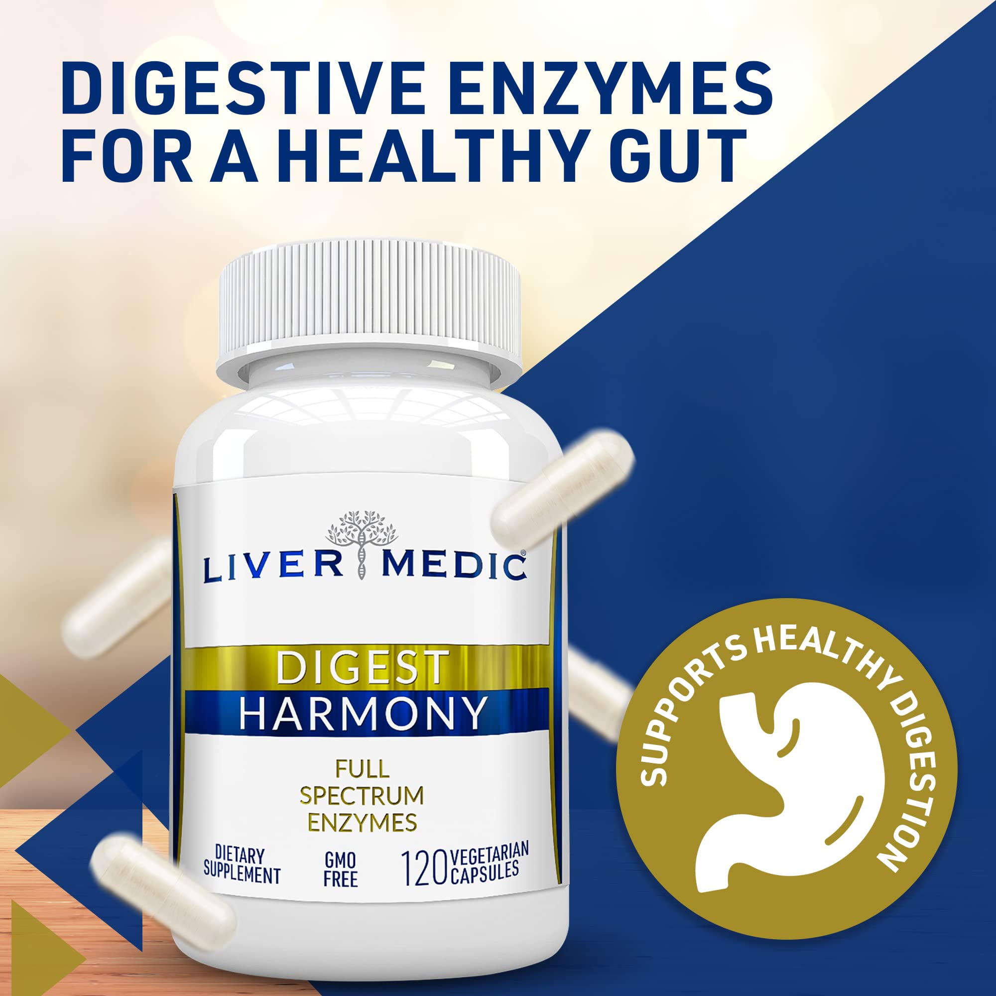 Liver Medic Digest Harmony Pure Digestive Enzymes for Gut Health for Women & Men, Papaya Enzymes for Digestion, Eases Bloating & Stomach Discomforts, Unflavored, 120 Capsules