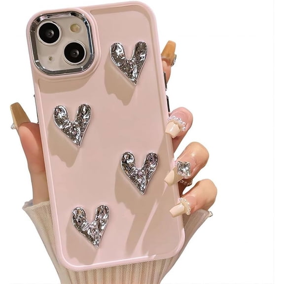 for iPhone Case,Cute ElectroPlated Love Heart Solid Color Silicone Camera Lens Protection Soft Shockproof Phone Case (Pink,iPhone 15 Pro)