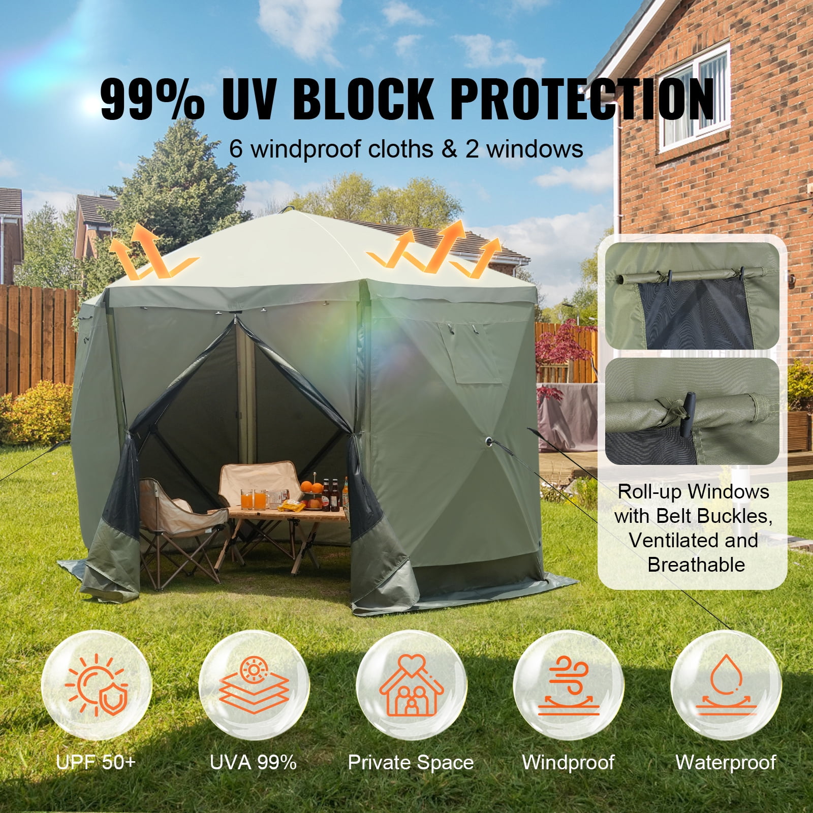 KFFKFF Instant Pavilion, 6-Sided Screened Canopy Tent with Detachable Wind Barriers & Mesh Openings, 10x10FT Rapid Deployment Shelter with Insect Protection, Easy to Assemble, Military Green