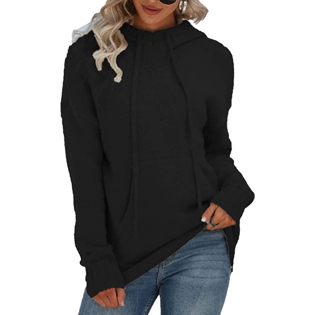 LinYooLi Hoodie Sweaters for Women Slouchy Solid Color Casual Loose Long Sleeve Pocket Pullover Sweaters with Drawstring