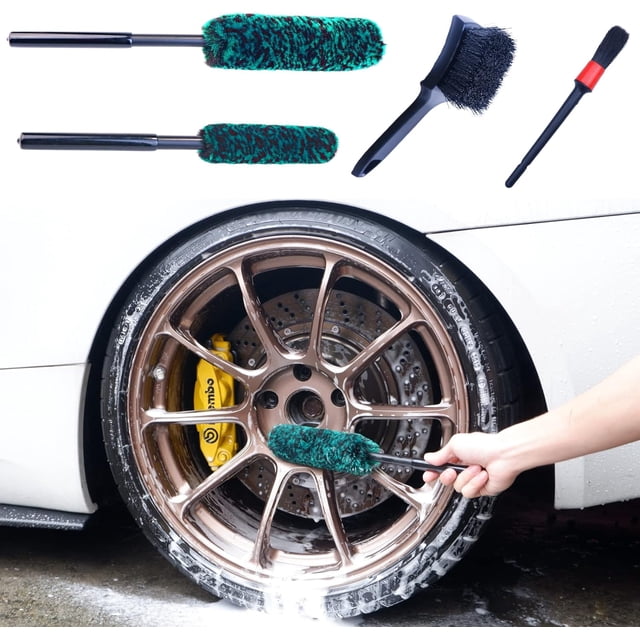 GFDYREE Kit de Brosses à Roue Professionnel 4 Pcs avec Long Manche pour Nettoyer Roue et Pneu WB002 Noir+vert