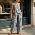 thumbnail image 6 of Linen Plaid Two-Piece Outfit Women’s V-Neck Top Wide-Leg Pants Casual Summer Vacation Set, 6 of 7