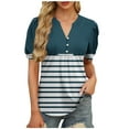 thumbnail image 2 of Tops for Women Short Sleeve Pleated Button Color Block V-Neck Casual Casual Blouse Navy M, 2 of 6