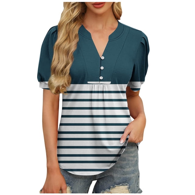Liquidation d'Économies! Hauts pour Femmes Grande Taille, Blouse d'Été à Manches Courtes pour Femmes, Blouse Décontractée à Imprimé à Col en V à Manches Courtes pour Femmes