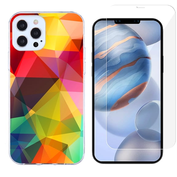 Slim-Fit Protective Phone Case compatible with iPhone 12 Pro Max, with Tempered Glass Screen Protector, by OneToughShield ® - Polygon