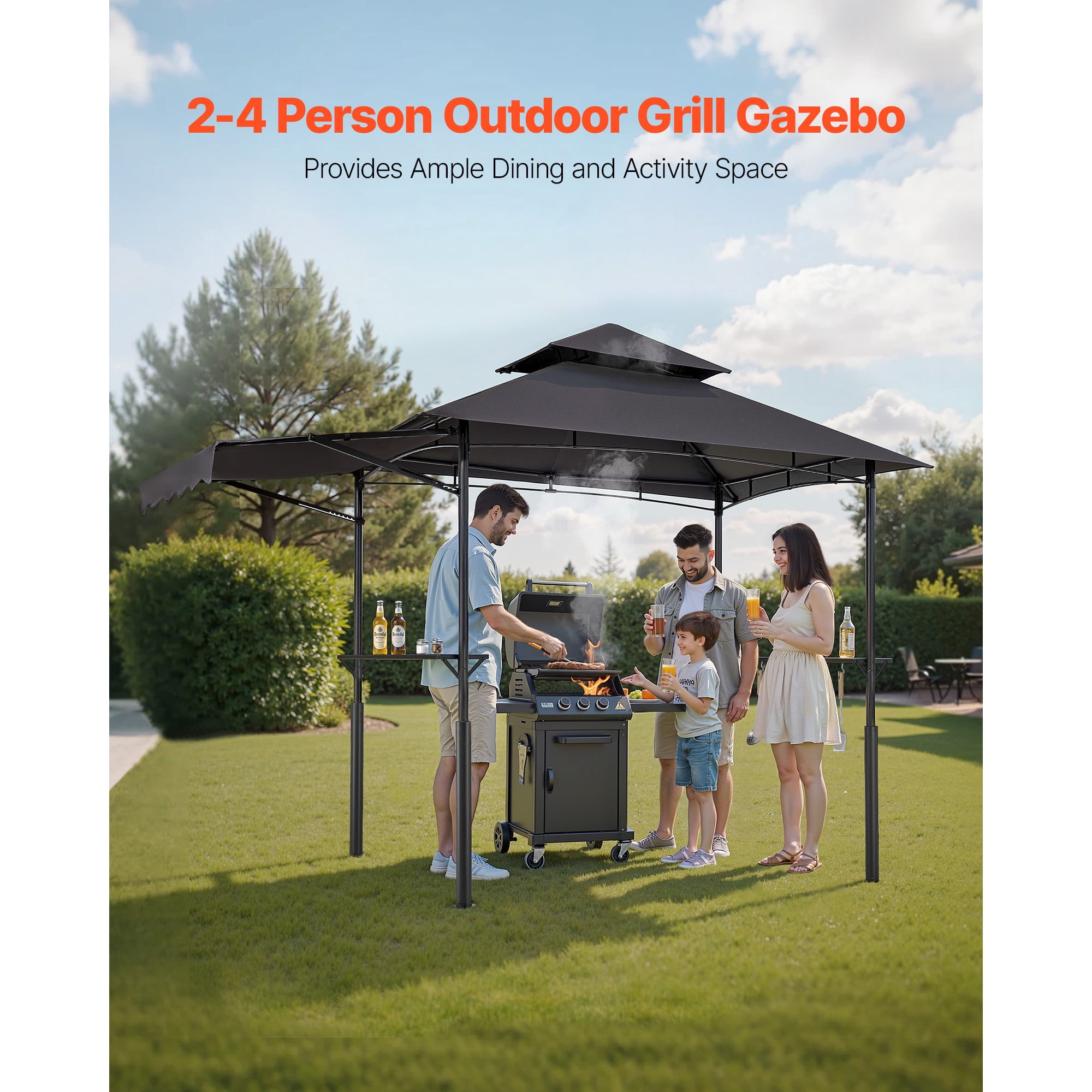 KFFKFF Grill Gazebo, 8 x 5 ft with Dual-Layer Roof, Sturdy BBQ Shelter Featuring Extended Awning, Steel Frame with Side Shelves & Hooks, Outdoor Canopy for Patio or Garden Cooking