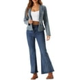 thumbnail image 2 of INSPIRE CHIC Women's Stretchy Jean Jacket Lapel Collar One Button Long Sleeve Work Denim Jackets L Grey Blue, 2 of 6