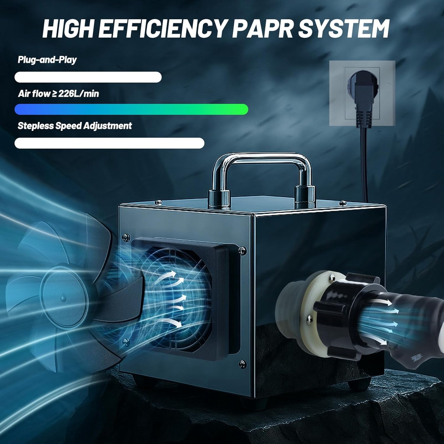 Portable PAPR Respirator System - High-Efficiency Powered Air Purifying Respirators with 33ft Long Hose - Large Airflow Supplied Air Respirator for Tunnel Construction Industrial