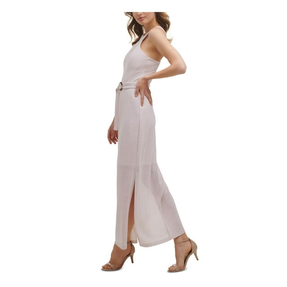 GUESS Womens Pink Textured Zippered Belted Side Slit Sleeveless V Neck Maxi Formal Sheath Dress 4
