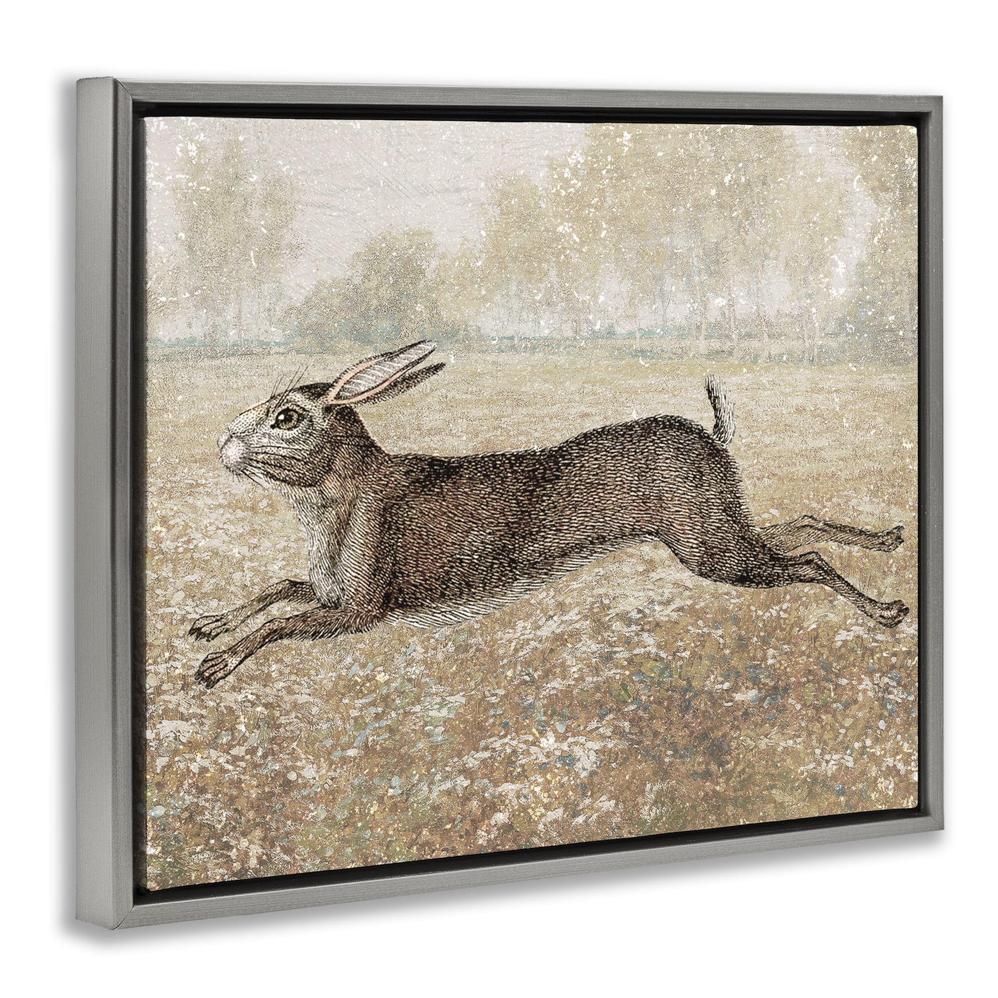 Stupell Industries Traditional Jumping Hare Landscape & Nature Painting Gray Floater Framed Canvas Art Print Wall Art, 21 x 17