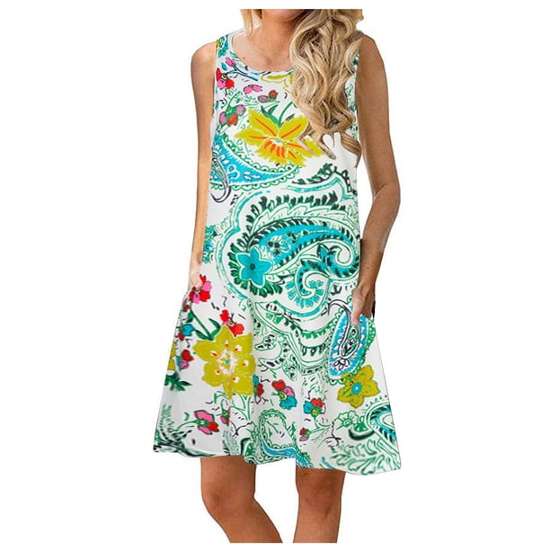 Elegante mujer sin mangas Rounk cuello verano cómodo bolsillos de impresión Casual vestido de tanque suelto OAVQHLG3B Store lin121212