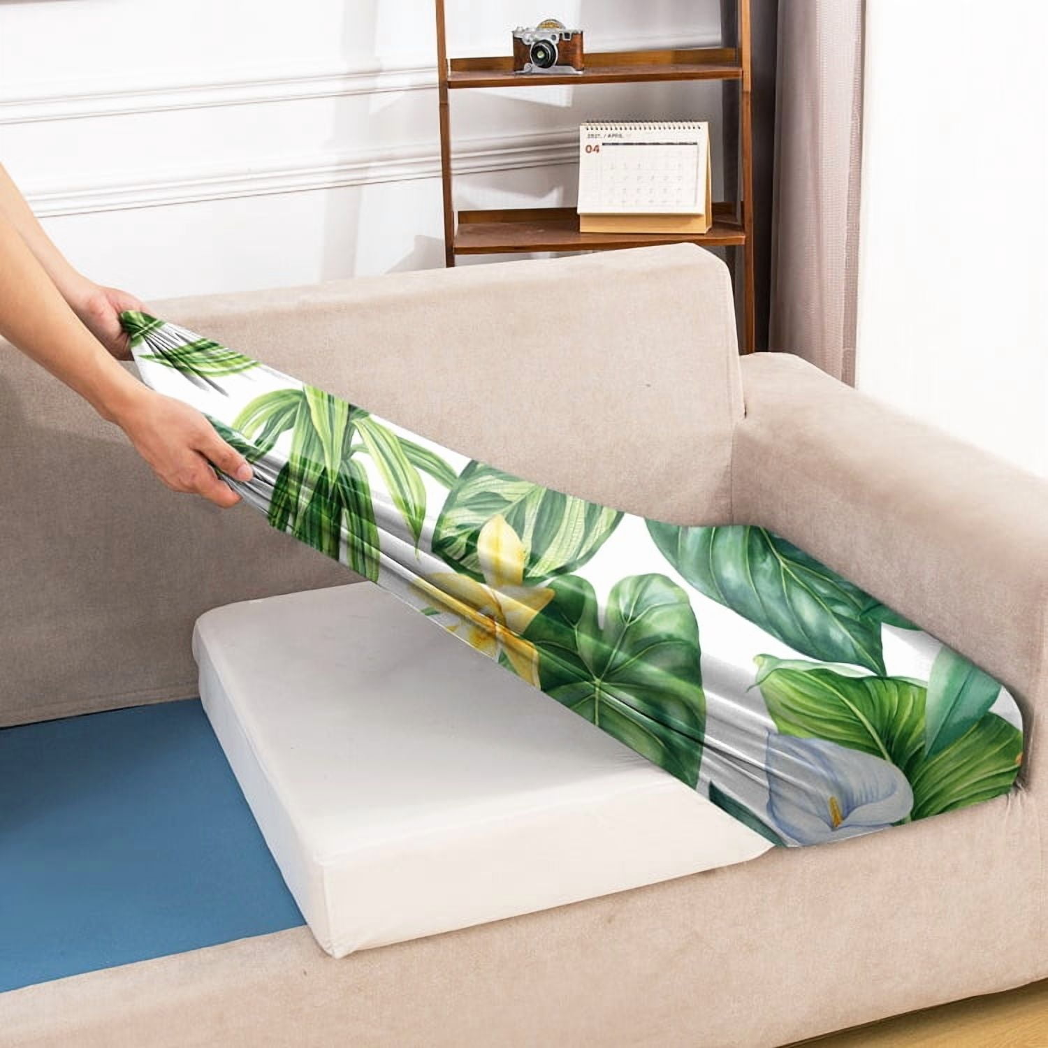 TOPCHANCES 2 Pcs Patio Stretch Sofa Cushion Covers Outdoor Cushion Covers Replacement with Elastic Bottom, Couch Slipcover Sofa Seat Covers Patio Furniture Protector, Green Leaves