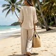 thumbnail image 5 of Boho Button-Front V-Neck Ruffle Sleeve Two-Piece Set for Women, Lightweight Wide Leg Pants & Top Outfit - Summer Vacation Beach Resort Casual Loungewear Khaki XXXL, 5 of 5