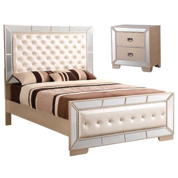 Home Square 2-Piece Set with Queen Panel Bed and 2 Drawer Nightstand in Pearl